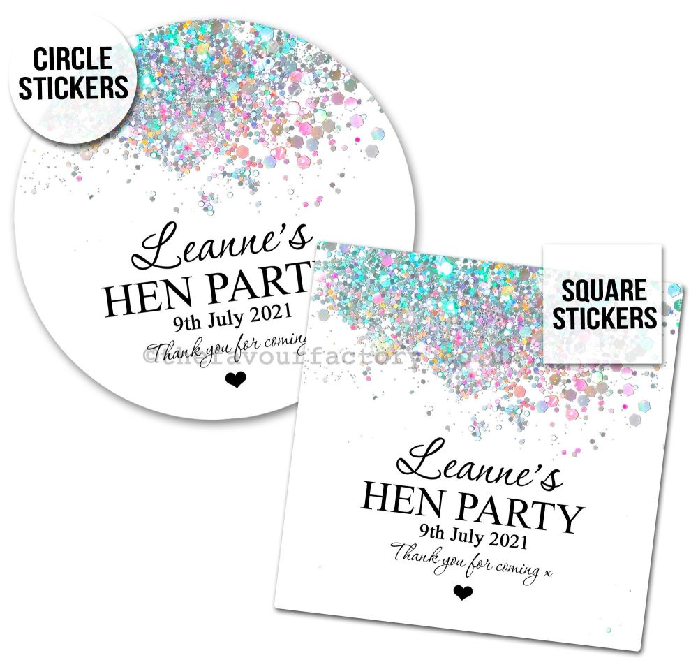 Personalised Hen Party Stickers | White Iridescent Glitter Confetti x1