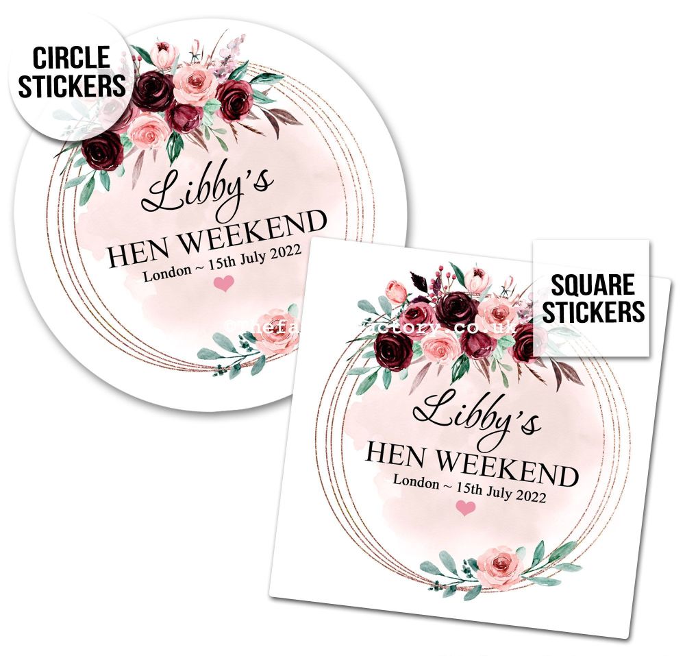 Hen Party Stickers Blush Burgundy Floral Frame