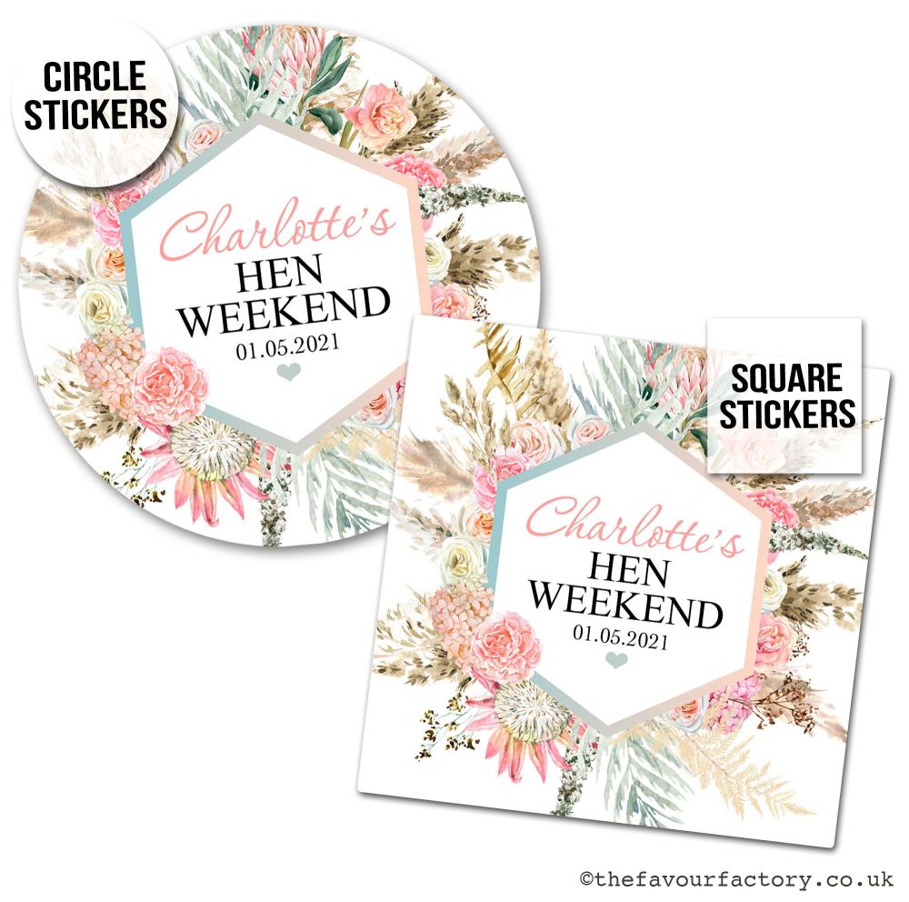 Personalised Hen Party Stickers | Boho Floral Pampas Frame - A4 Sheet x1