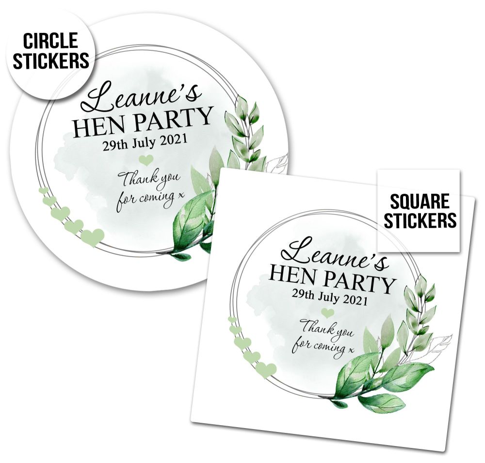 Personalised Hen Party Stickers | Botanical Leaves and Hearts - A4 Sheet x1