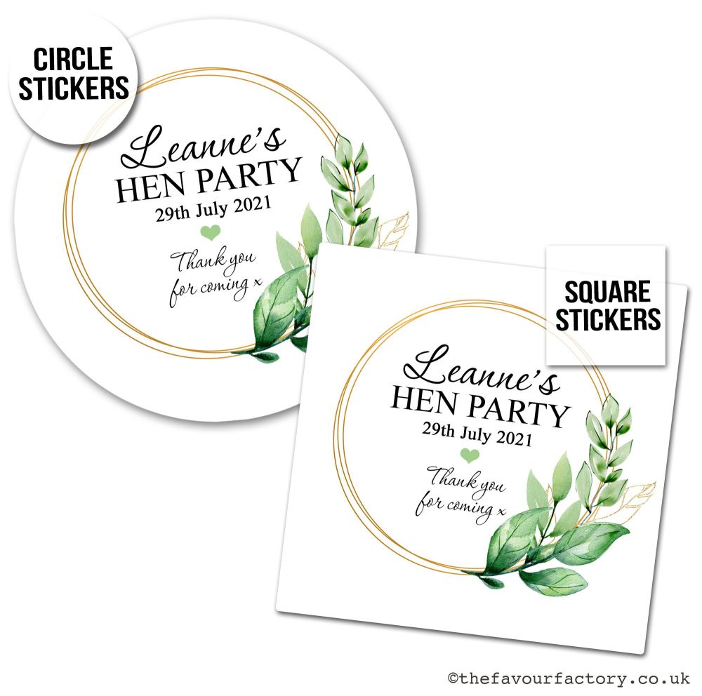Personalised Hen Party Stickers | Botanical Leaves Gold Frame - A4 Sheet x1