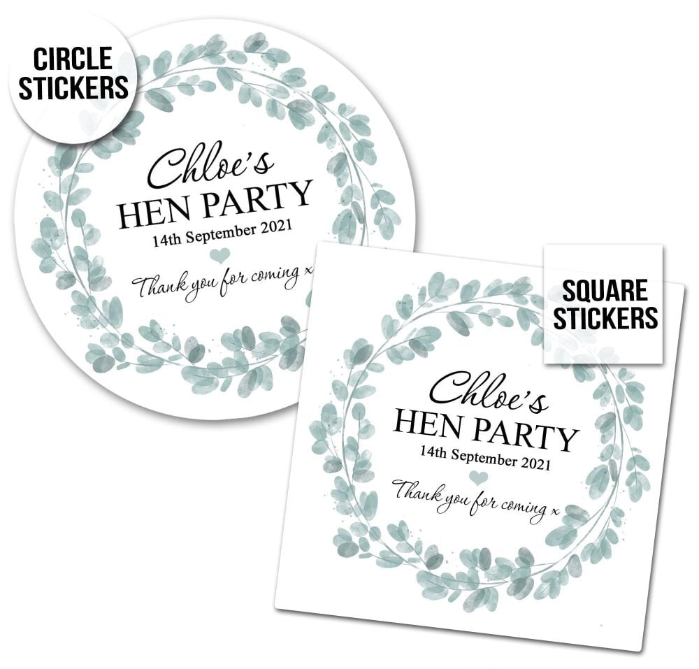 Personalised Hen Party Stickers | Eucalyptus Plant Wreath - A4 Sheet x1