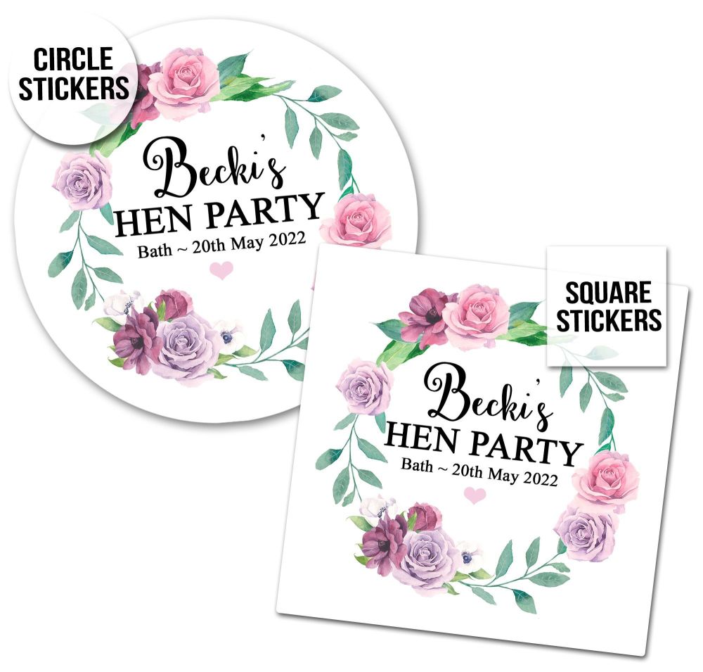 Personalised Hen Party Stickers | Lilac & Pink Floral Wreath - A4 Sheet x1