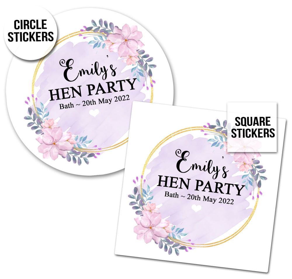 Personalised Hen Party Stickers | Lilac Floral Gold Frame - A4 Sheet x1