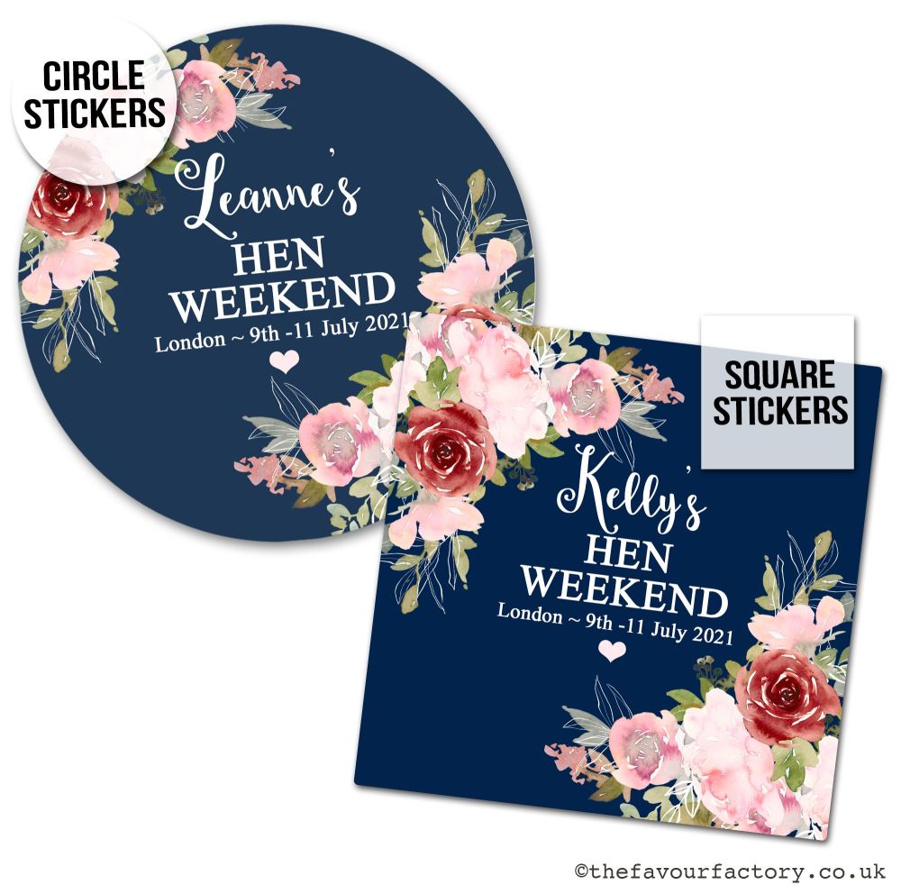 Personalised Hen Party Stickers | Navy, Blush & Burgundy Florals - A4 Sheet