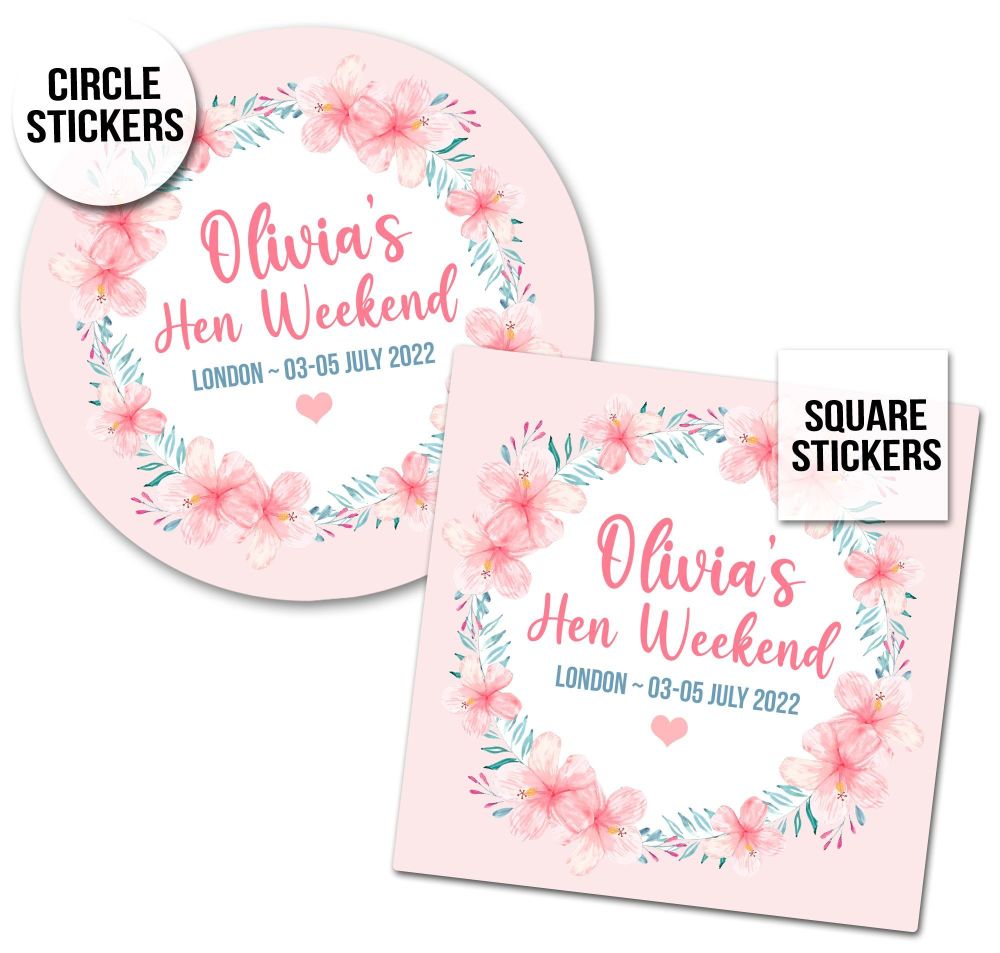 Personalised Hen Party Stickers | Pink Hibiscus Wreath - A4 Sheet x1
