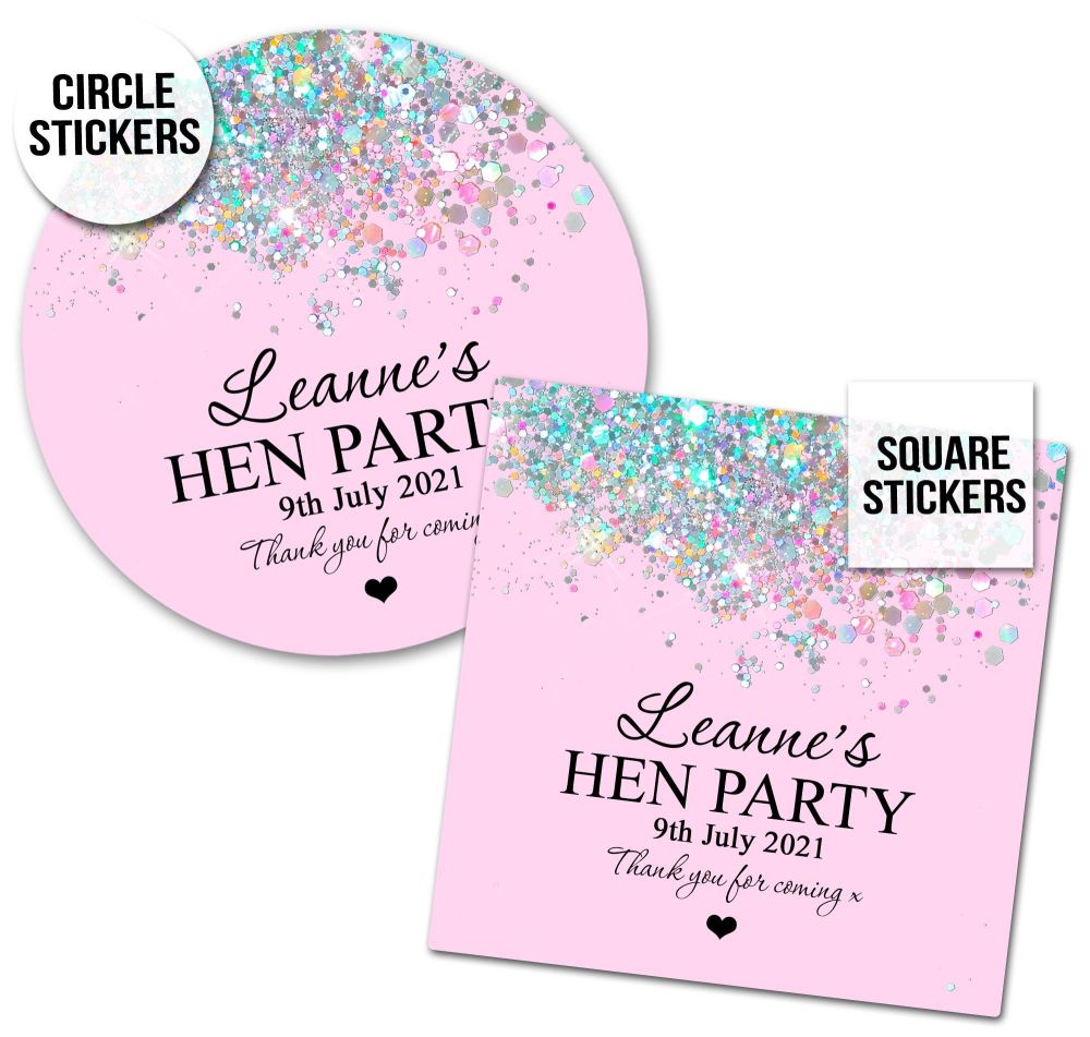 Personalised Hen Party Stickers | Pink Iridescent Glitter Confetti - A4 She