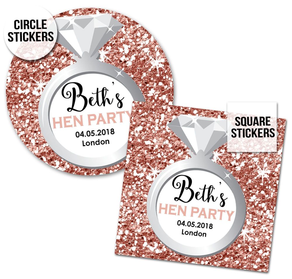 Personalised Hen Party Stickers | Rose Gold Glitter Engagement Ring - A4 Sh