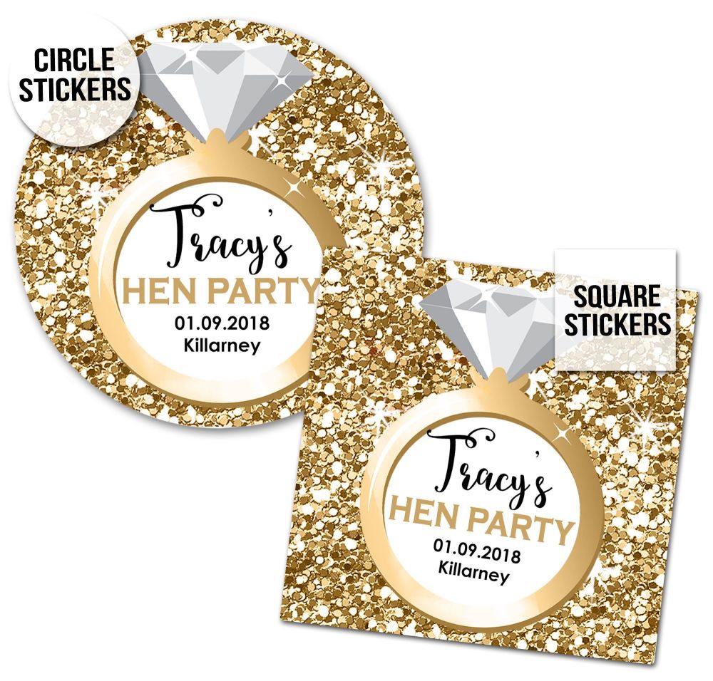 Personalised Hen Party Stickers | Gold Glitter Engagement Ring - A4 Sheet x