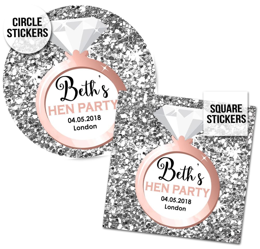 Personalised Hen Party Stickers | Silver Glitter Engagement Ring - A4 Sheet