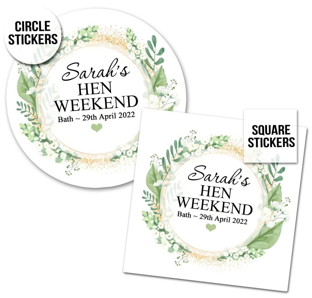 Personalised Hen Party Stickers | White Floral Botanical Gold Dust - A4 She
