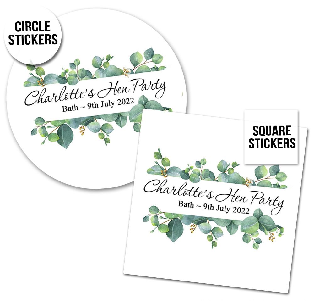 Personalised Hen Party Stickers | Green Eucalyptus Plant Banner - A4 Sheet 