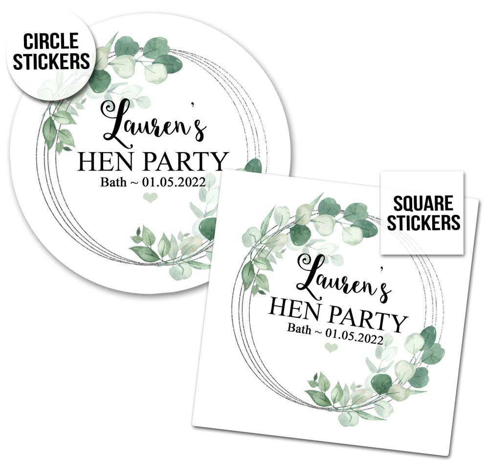 Personalised Hen Party Stickers | Eucalyptus Greenery Silver Frame - A4 She