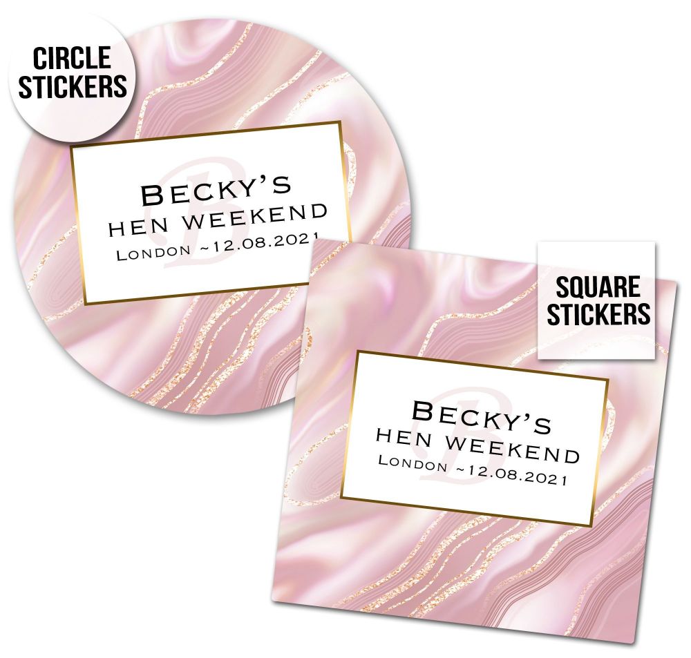 Personalised Hen Party Stickers | Rose Gold Liquid Marble - A4 Sheet x 1