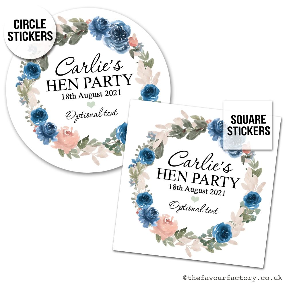 Personalised Hen Party Stickers | Navy Floral Watercolour Wreath - A4 Sheet
