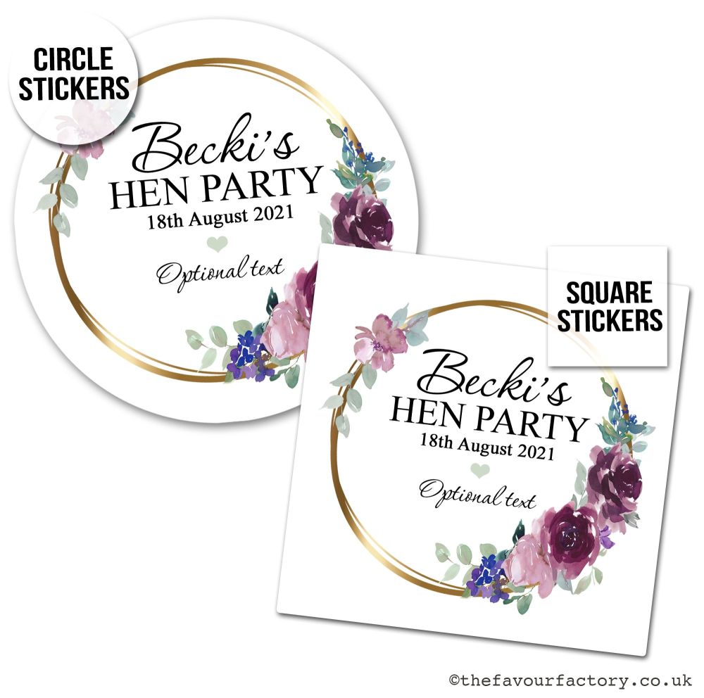 Personalised Hen Party Stickers | Mauve & Plum Floral Gold Frame - A4 Sheet