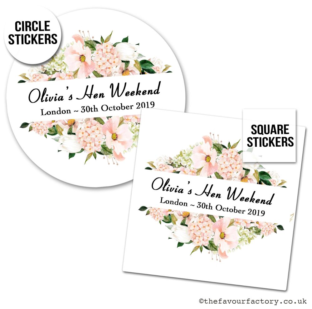 Personalised Hen Party Stickers | Blush Hydrangea Floral Banner - A4 Sheet 