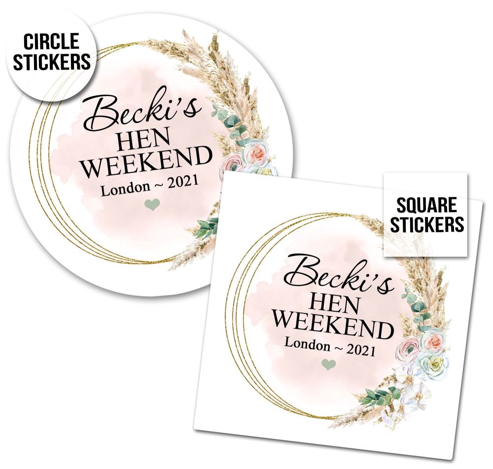 Personalised Hen Party Stickers | Natural Pampas Watercolour Frame - A4 She