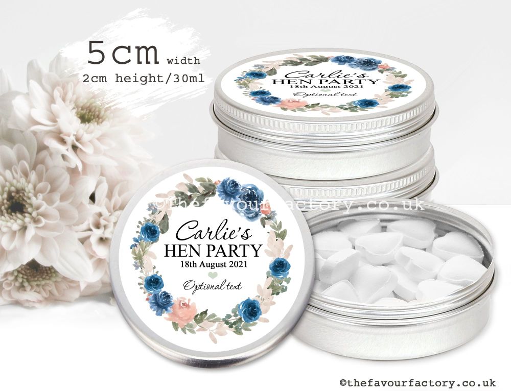 Personalised Hen Party Favour Tins | Navy Floral Watercolour Wreath x1