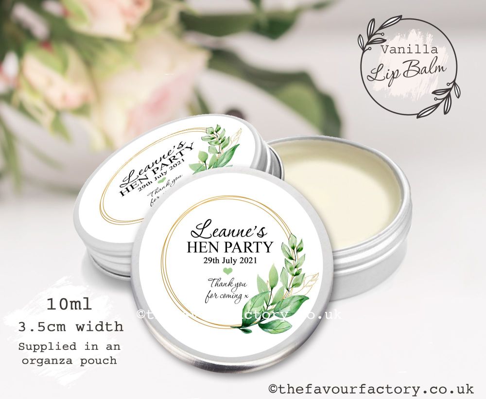 Hen Party Lip Balm Favours | Botanical Leaves Gold Frame x1