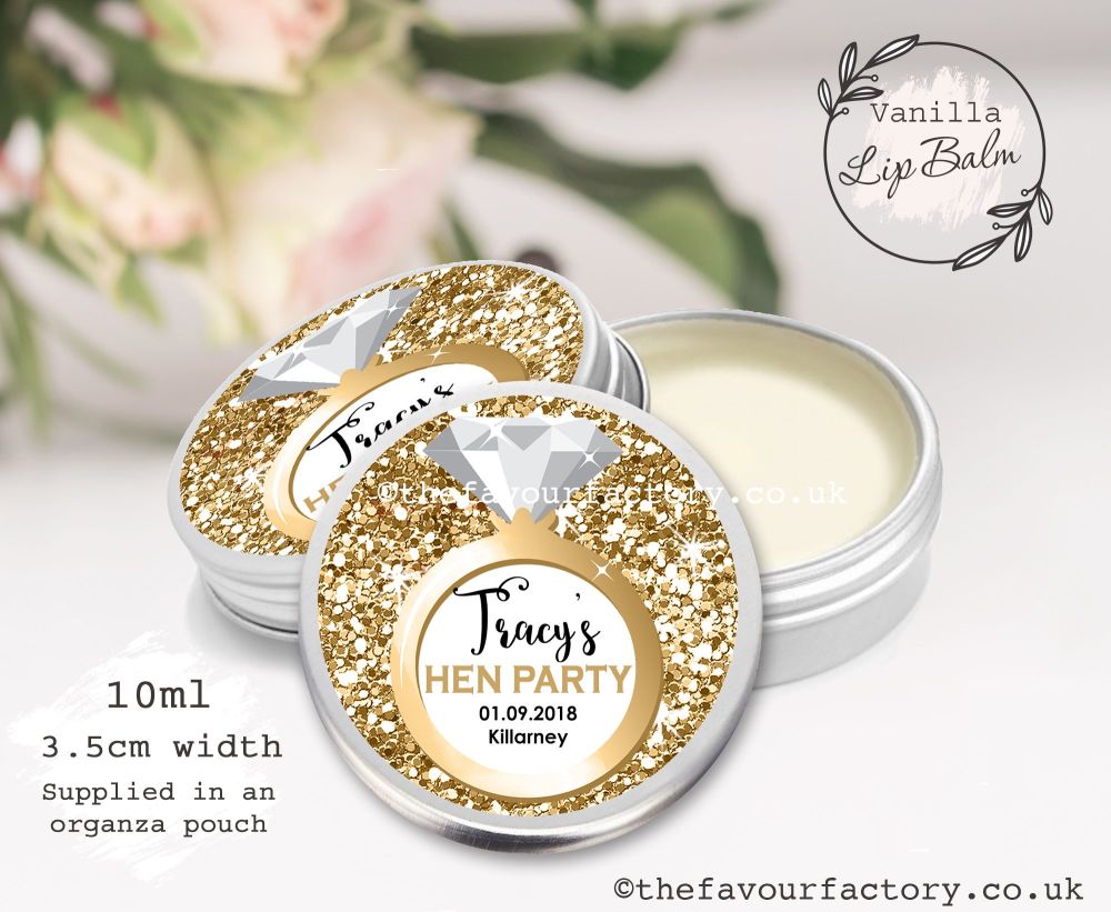 Personalised Hen Party Lip Balm Favours | Gold Glitter Engagement Ring x1
