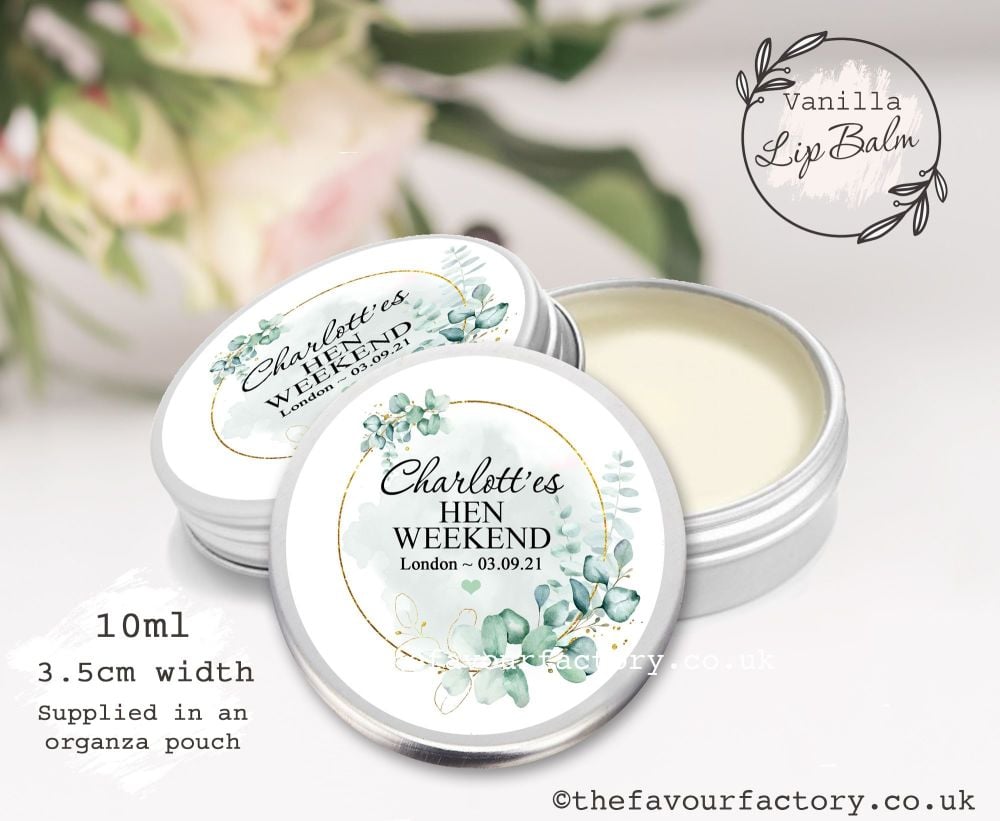 Personalised Hen Party Lip Balm Favours | Green Eucalyptus Plant Gold Frame