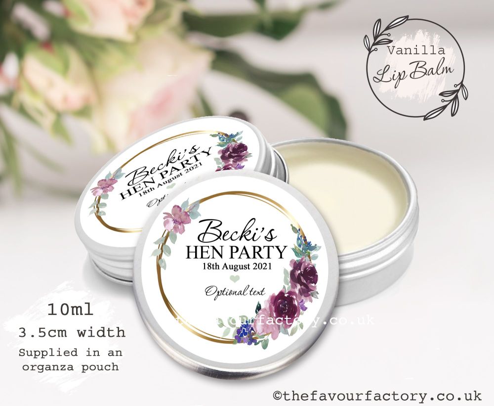 Personalised Hen Party Lip Balm Favours | Mauve & Plum Floral Gold Frame x1