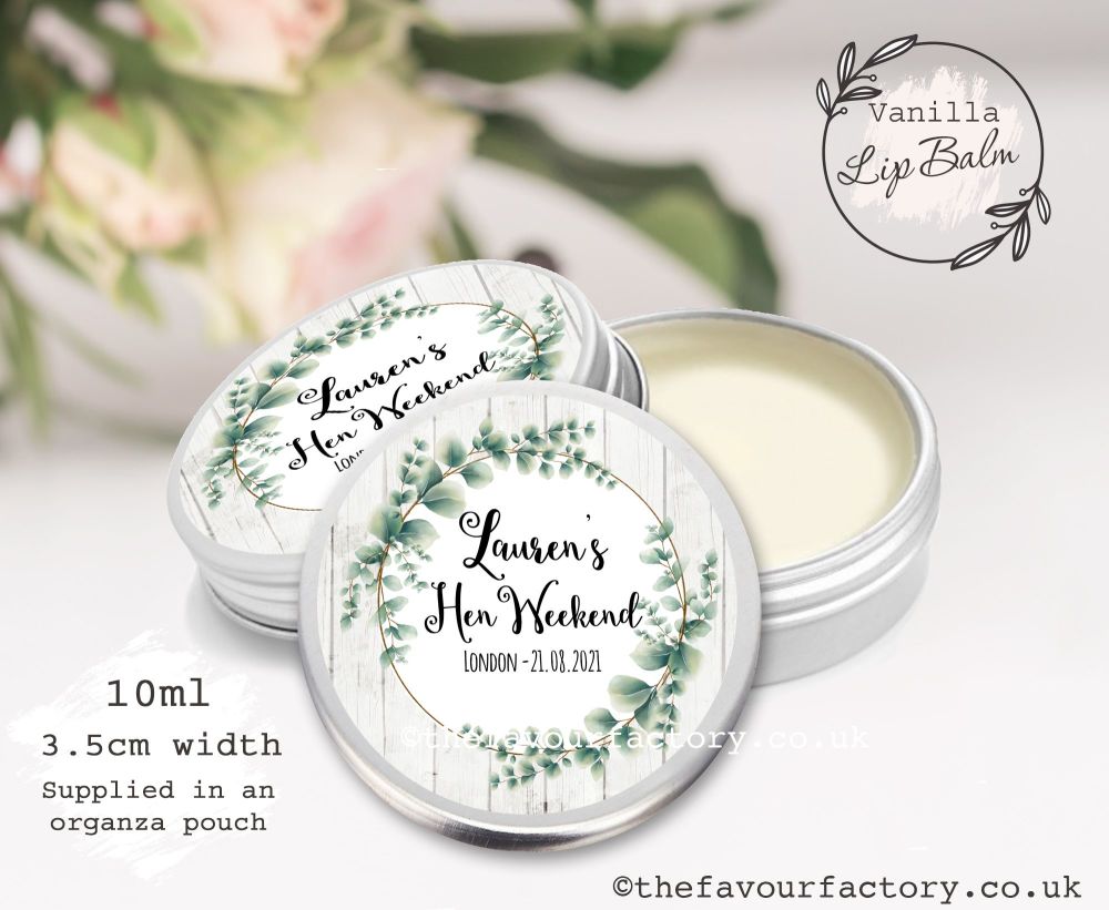 Personalised Hen Party Lip Balm Favours | Wooden Rustic Greenery Frame x1