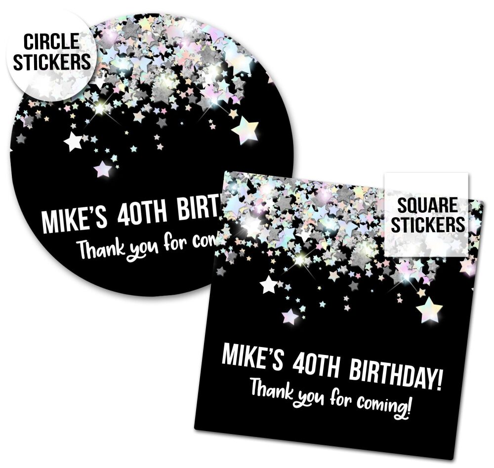 Black And Silver Confetti Stars Personalised Custom Birthday Stickers
