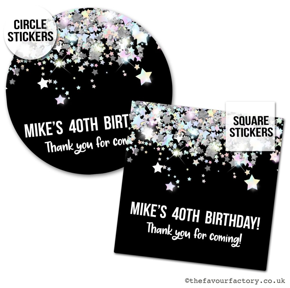 Birthday Stickers Black And Silver Stars Confetti