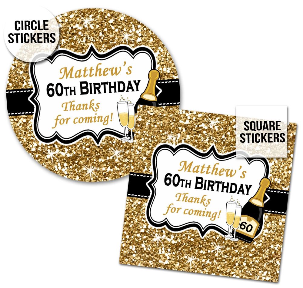 Gold Glitter Champagne Custom Personalised Birthday Stickers