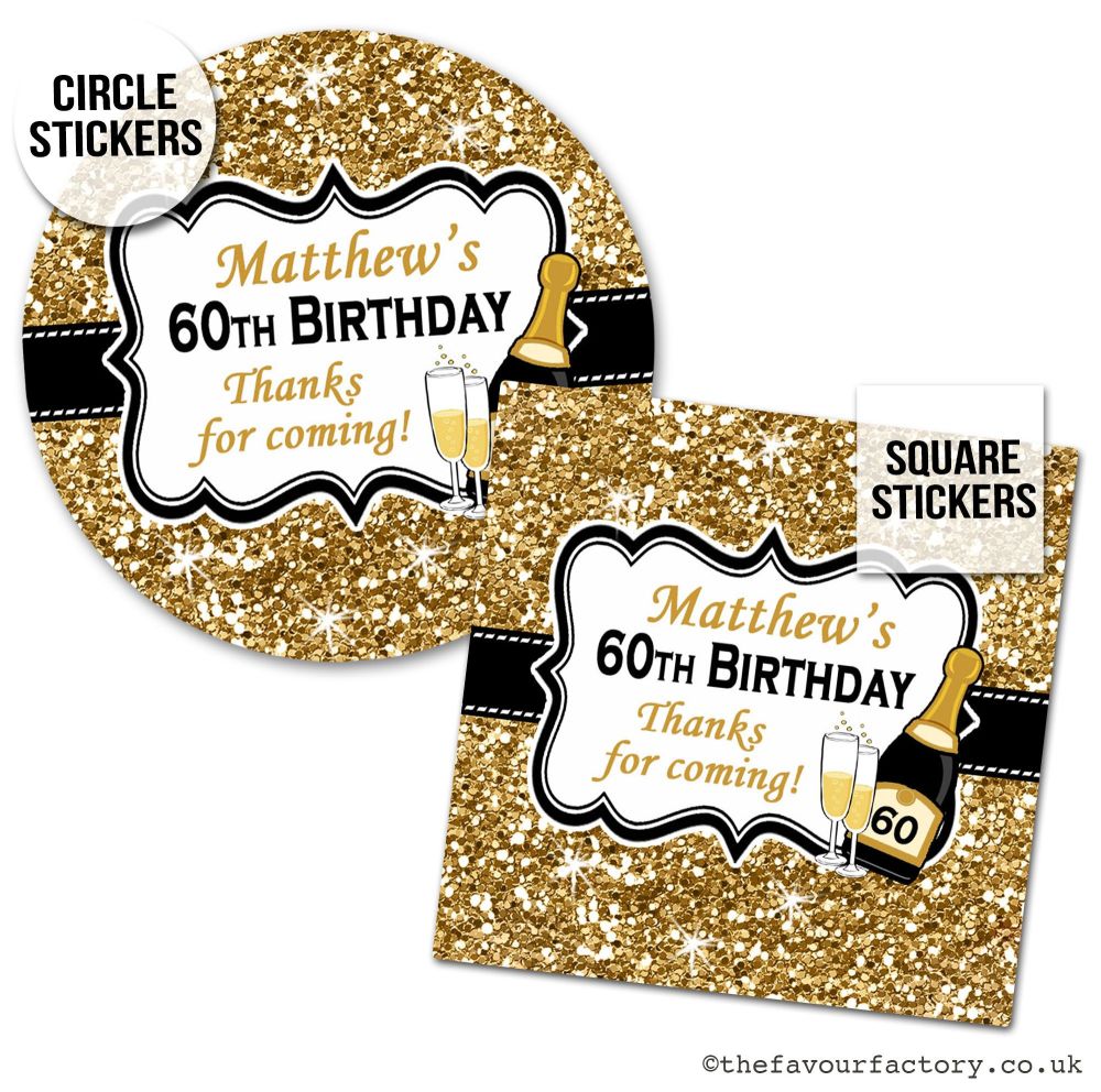 Gold Glitter Champagne Custom Personalised Birthday Stickers
