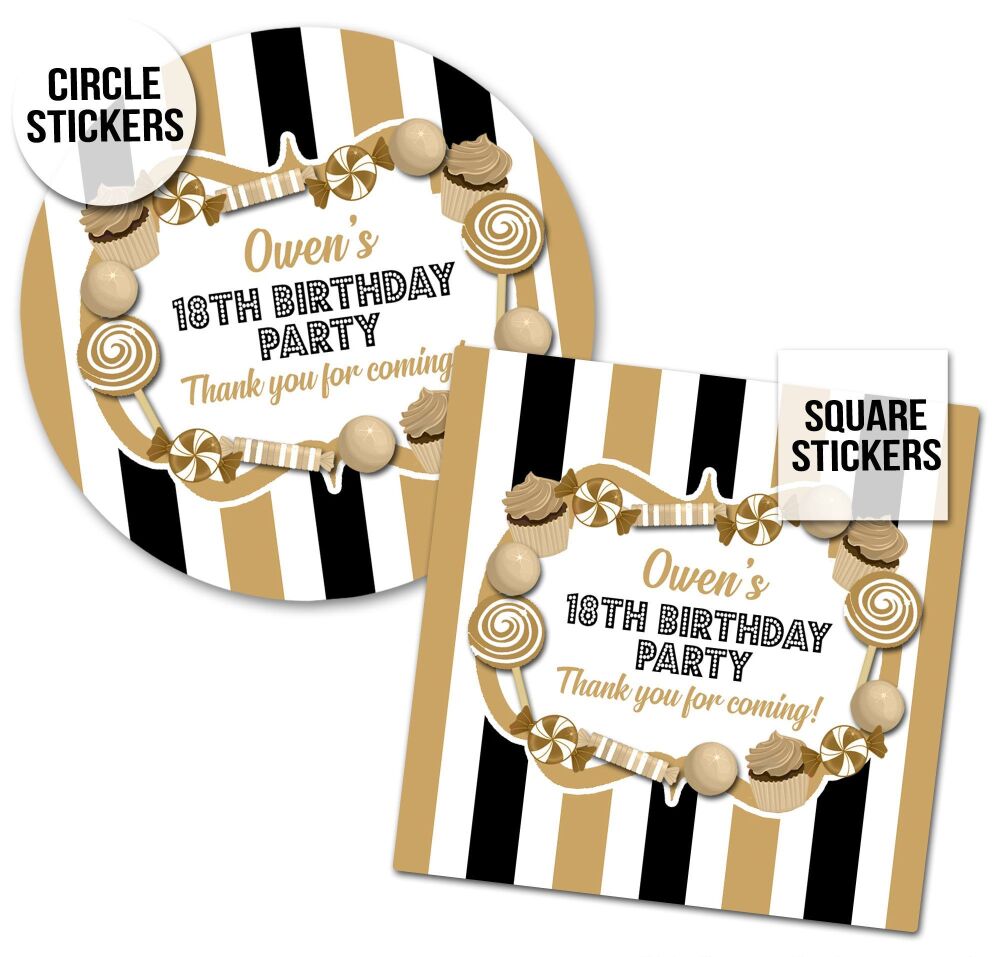 Black And Gold Sweets Personalised Birthday Stickers A4 sheet x1