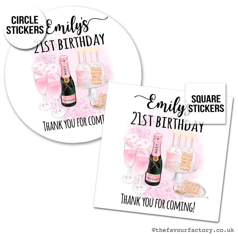 Personalised Stickers Birthday Pink Champagne And Cake