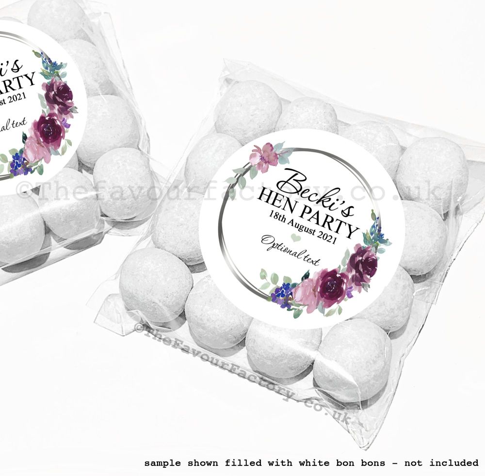 Personalised Hen Party Sweet Bag Kits | Mauve & Plum Watercolour Floral x12