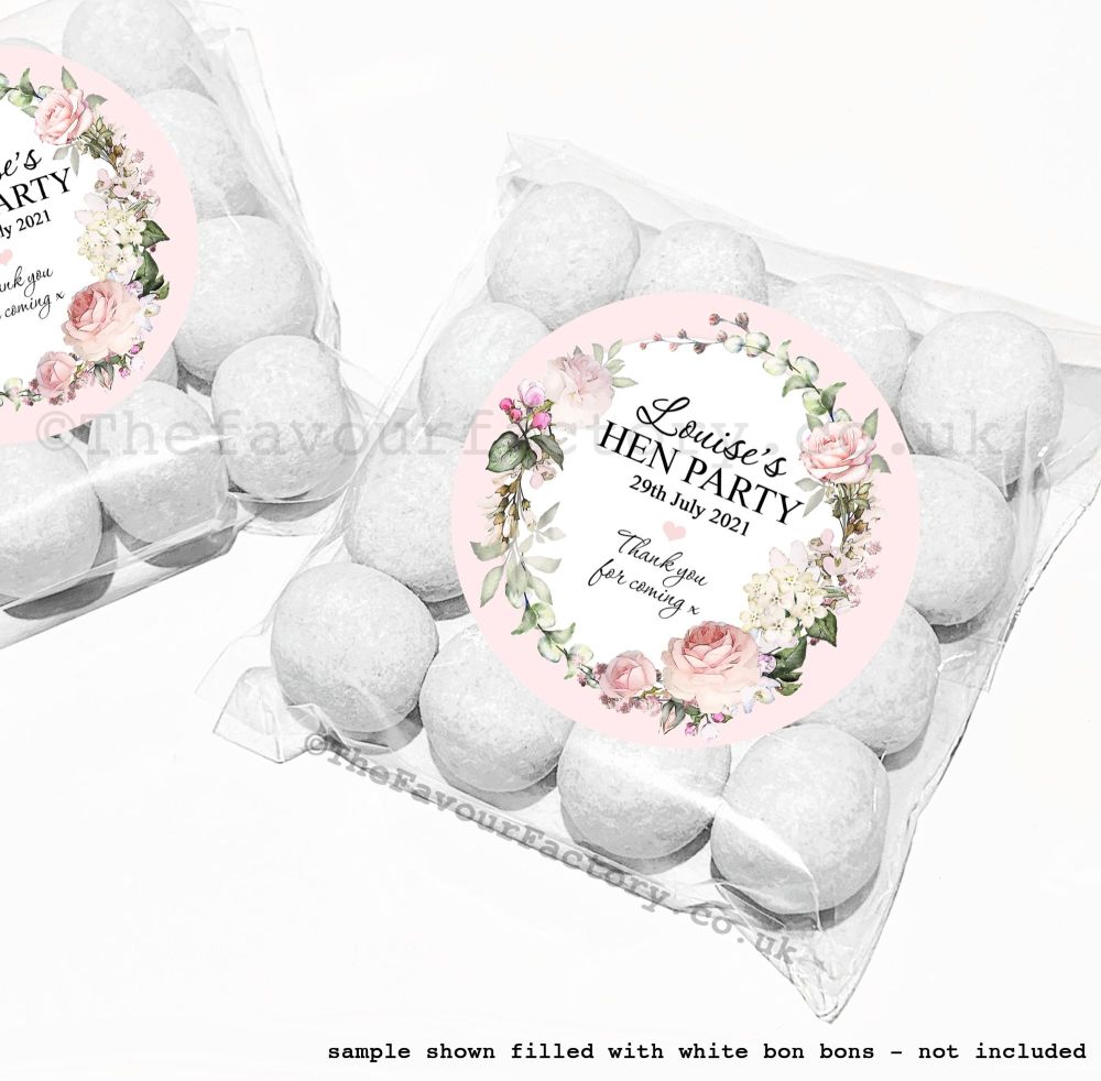 Personalised Hen Party Sweet Bag Kits | Pink Vintage Floral Wreath x12