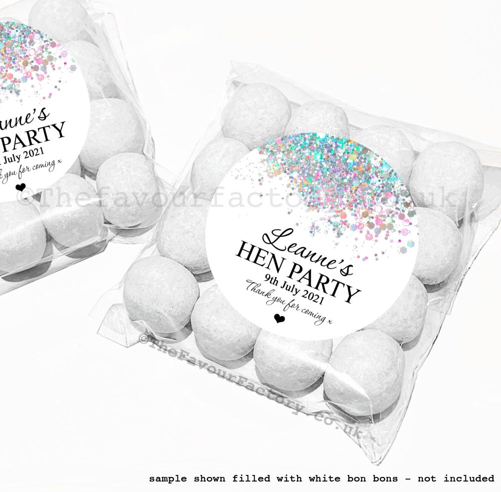 Personalised Hen Party Sweet Bag Kits | White Iridescent Glitter Confetti x