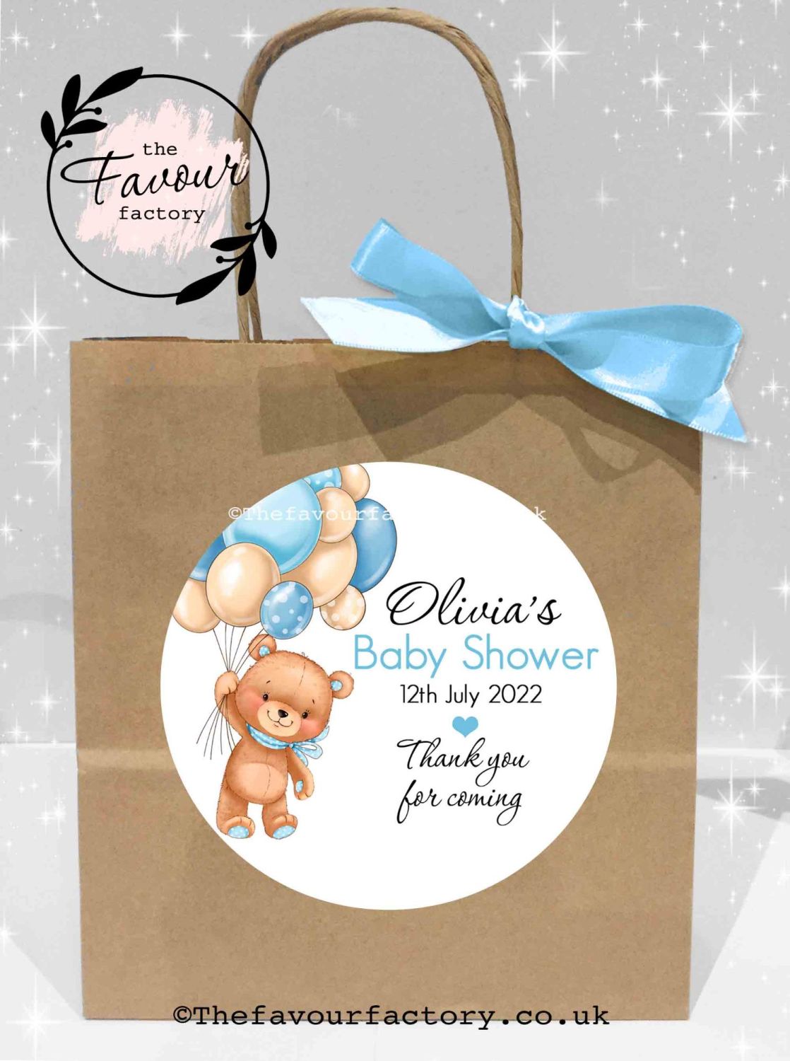 Teddy With Blue Balloons Baby Shower Party Bags Kraft x1