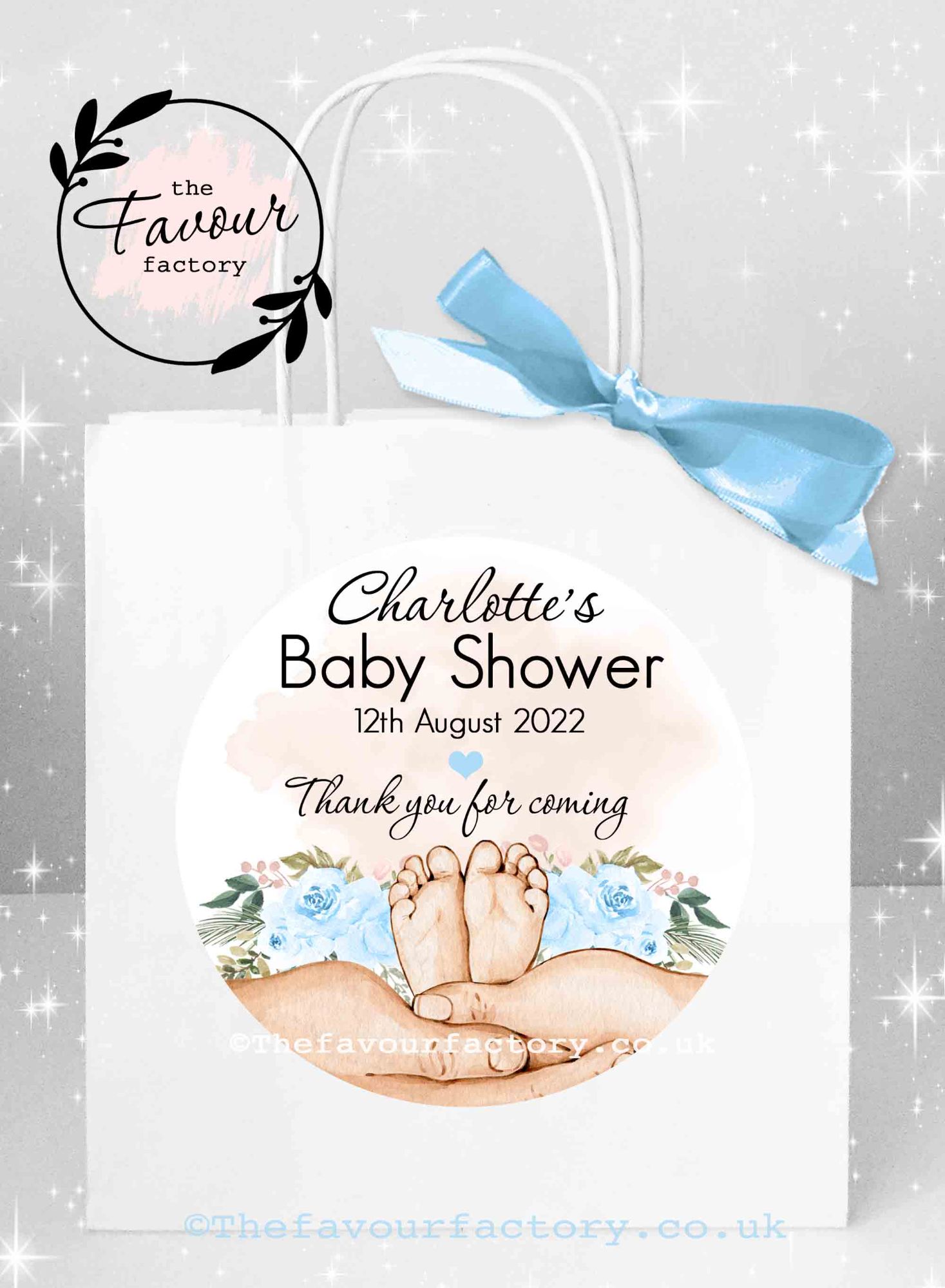 personalised baby shower party bags blue baby feet in hands