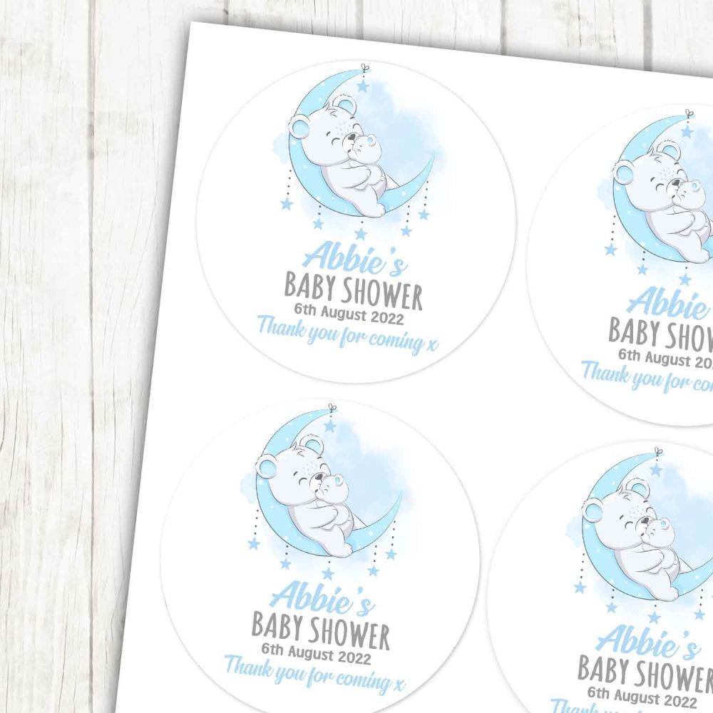 Blue Bears On The Moon Baby Shower Stickers