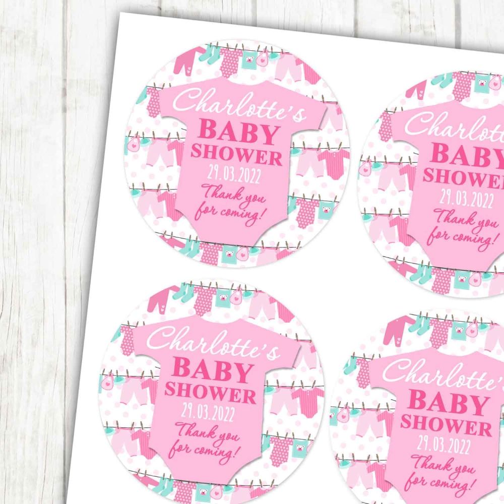 Pink Clothesline Baby Grow Baby Shower Stickers