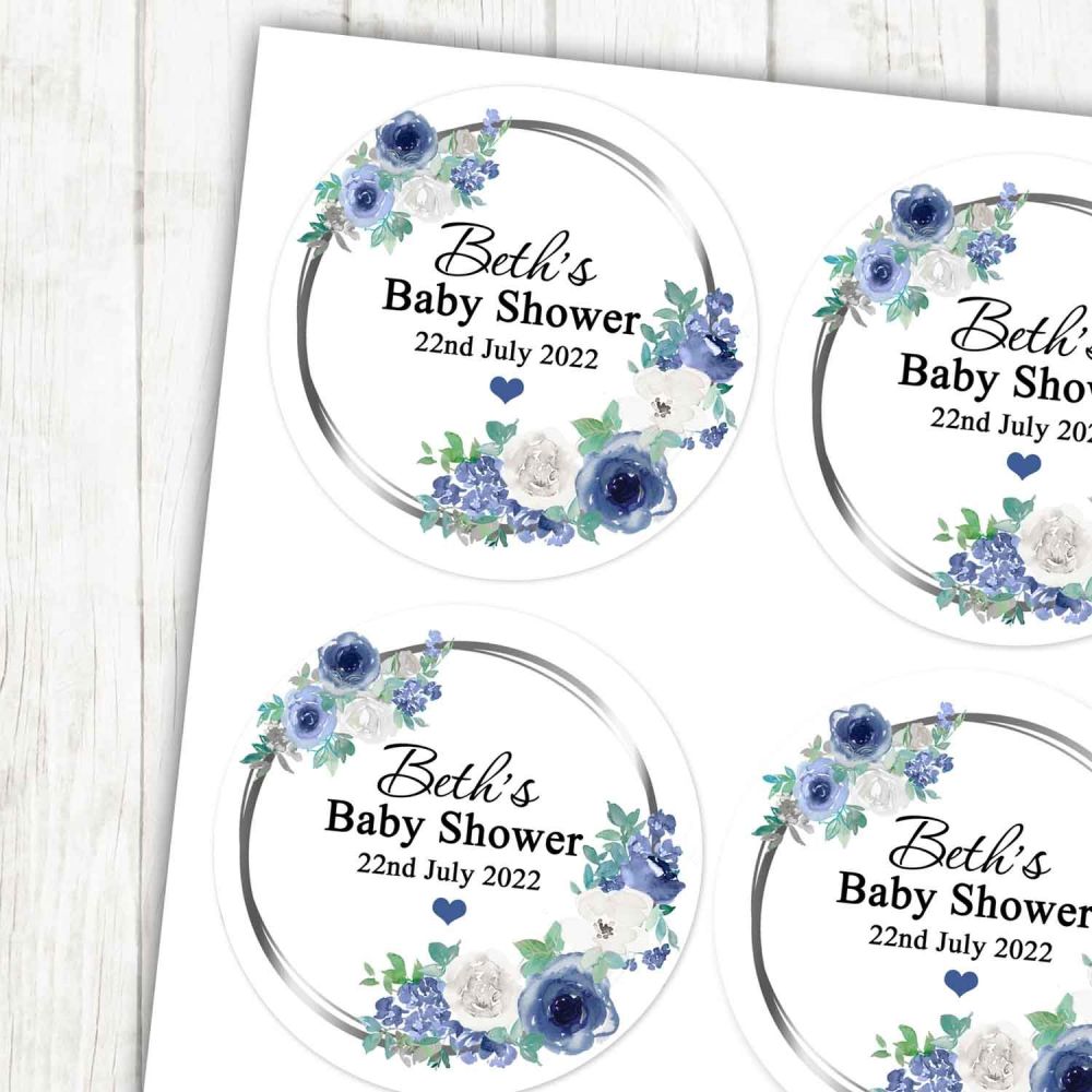 Blue And White Floral Frame Baby Shower Stickers