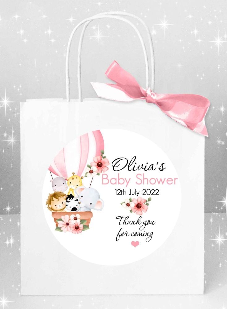 Animals In Pink Hot Air Balloon Baby Shower Party Bags x1
