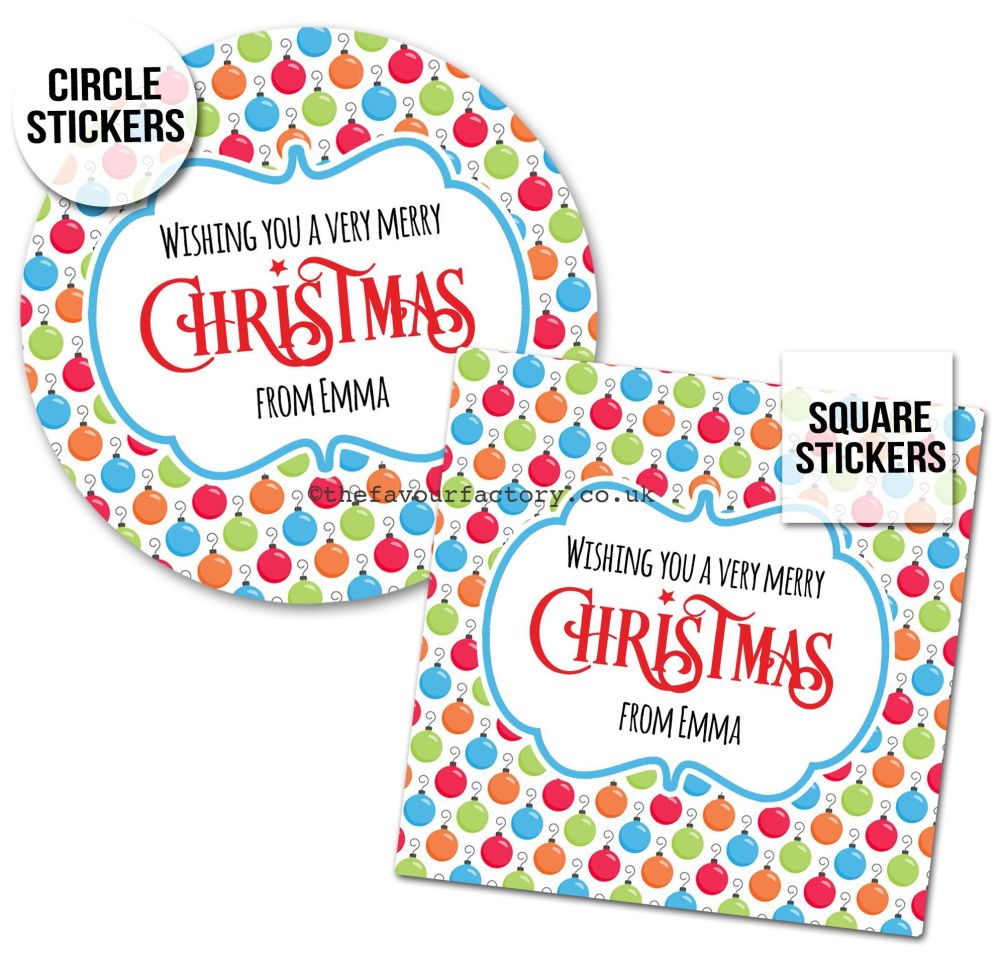 Christmas Stickers Gift Tag Labels Bright Baubles A4 Sheet x1