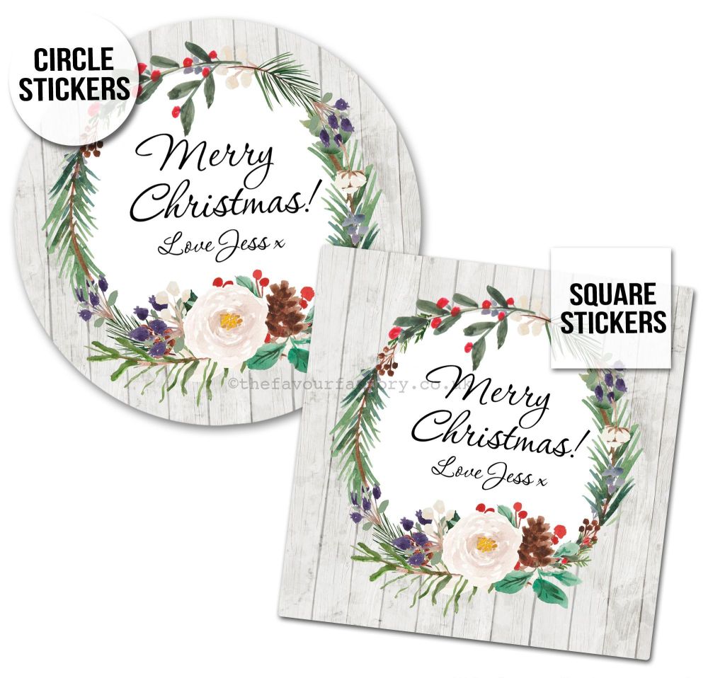 Christmas Stickers Gift Tag Labels Rustic Wreath A4 Sheet x1