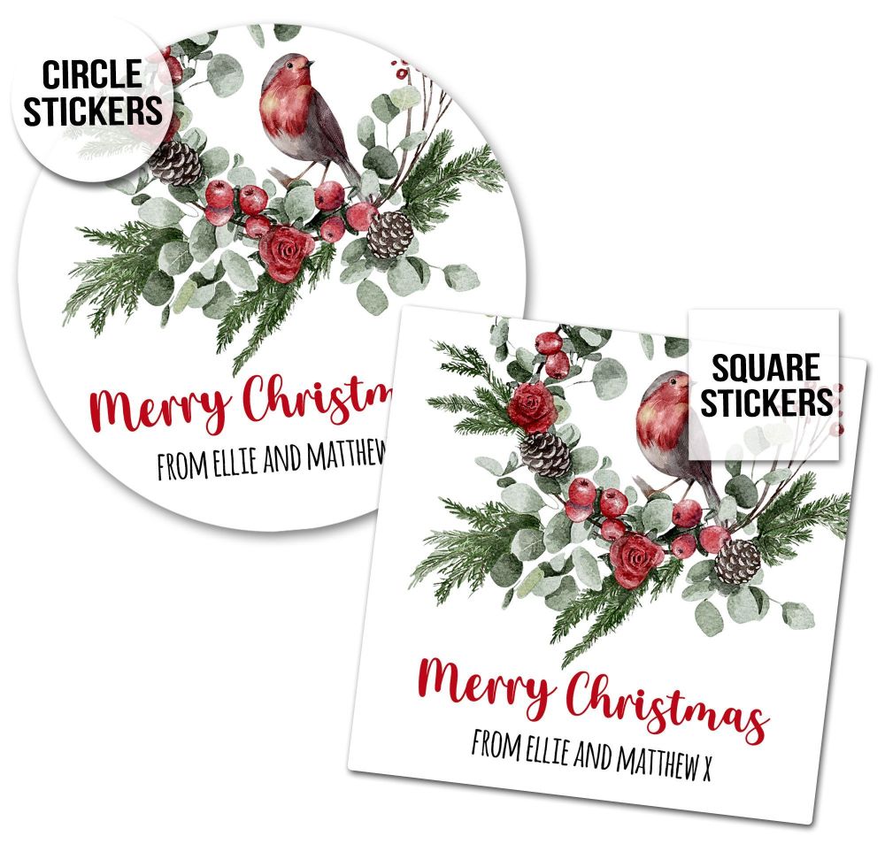 Christmas Stickers Gift Tag Labels Robin On Branch x1