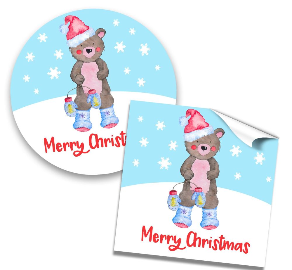 Christmas Stickers Gift Tag Labels Bear In Boots A4 Sheet x1