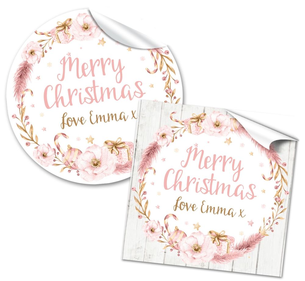 Christmas Stickers Gift Tag Labels Rose Gold Floral Wreath A4 Sheet x1