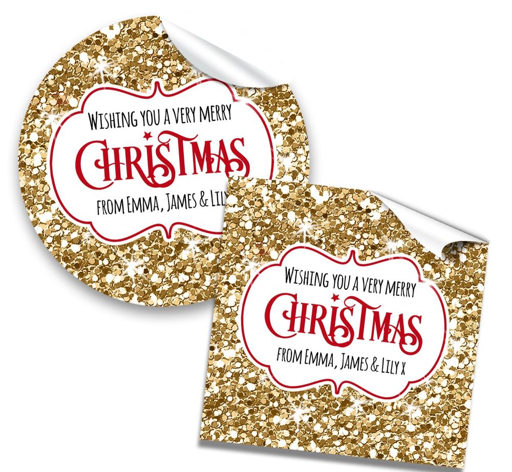 Christmas Stickers Gift Tag Labels Gold Glitter A4 Sheet x1