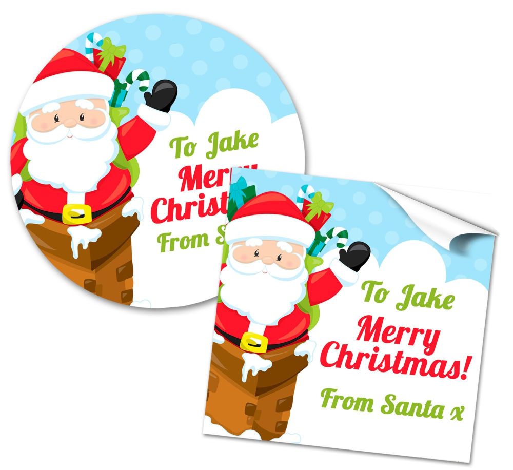 Christmas Stickers Gift Tag Labels Santa In Chimney A4 Sheet x1